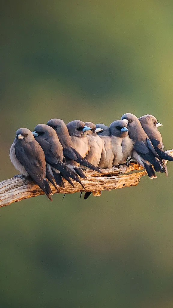 Family of ashy woodswallows perched on a branch in Thailand